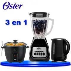 OSTER - Combo Oster 3 en 1: Licuadora 1.5L 550W + Hervidor Eléctrico 1.7L + Olla Arrocera 1.8L Negra
