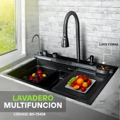 FRATELLI - Lavadero Multifuncional Negro 5 Funciones con Mezcladora y Filtro de Agua