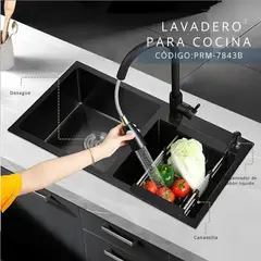 FRATELLI - Lavadero Doble Poza Premium Negro Acero Cepillado con Desagüe Integrado