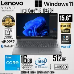 LENOVO - Laptop Lenovo V15 G5 IRL Intel Core i5-13420H 16GB RAM 512GB SSD 15.6"  FHD Luna Grey - 83GW005JLD
