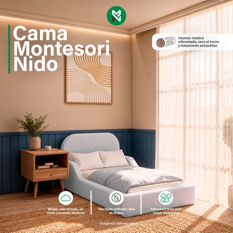 Cama Montesori Nido Gris Claro 1.5 Plazas