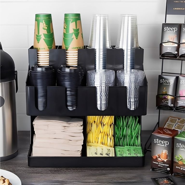 ORGANIZADOR PORTA VASOS Y TAPAS 8 COMPARTIMIENTOS + CONDIMENTOS PARA CAFE 3 COMPARTIMIENTOS