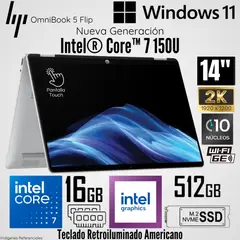 HP - Laptop HP OmniBook 5 Flip 14-FP0023DX Intel Core 7 150U 16GB RAM 512GB SSD 14"  2K Táctil - Plateado