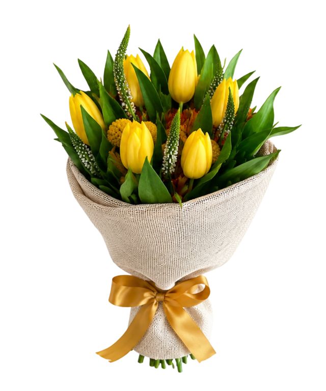 10 Tulipanes Amarillos Naturales con Flor Verónica y Botón de Oro, Ramo Floral Premium