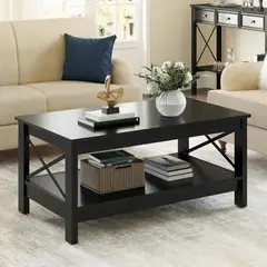 ROHE - Mesa de Centro Negra Moderna con Doble Estante y Patas en X - Mueble Sala Elegante Acabado Mate