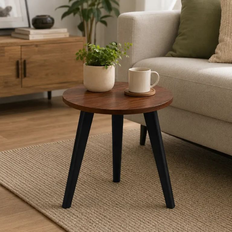 Mesa Auxiliar Redonda Moderna 40 cm Madera Nogal con Patas Negras para Sala Dormitorio