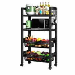GENERICO - ESTANTE ORGANIZADOR MULTIFUNCIONAL DE COCINA  DE 4 NIVELES CON RUEDAS Y GANCHOS COLOR NEGRO