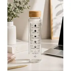 GENERICO - Tomatodo Motivacional de Vidrio Borosilicato 1L con Tapa de Bambú