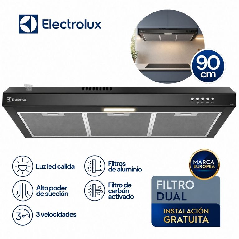 Campana Extractora Electrolux 90cm Alto Poder de Succión e iluminación LED Negra DE9SB