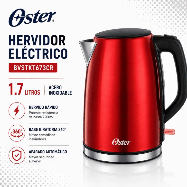 Hervidor Eléctrico Oster BVSTKT673CR 1.7 Litros Acero Inoxidable Rojo Base 360° Apagado Automático