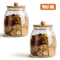 GENERICO - Pack x2 Frascos de Vidrio Borosilicato 950ml con Tapa de Bambú para Alimentos