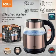RAFF - HERVIDOR ELÉCTRICO DE VIDRIO Y ACERO INOXIDABLE DE 2 LITROS - 1500W
