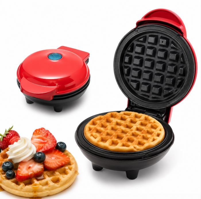 Waffle Maker Mini Eléctrica Antiadherente Compacta para Waffles Caseros 350W Rojo