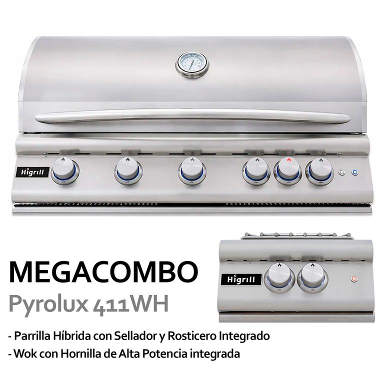 Parrilla a Ga y Carbón de 6 Quemadores + Wok Hornilla de Alta Potencia Línea de Alta Gama: Pyrolux