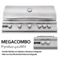 HIGRILL - Parrilla a Ga y Carbón de 6 Quemadores + Wok Hornilla de Alta Potencia Línea de Alta Gama: Pyrolux