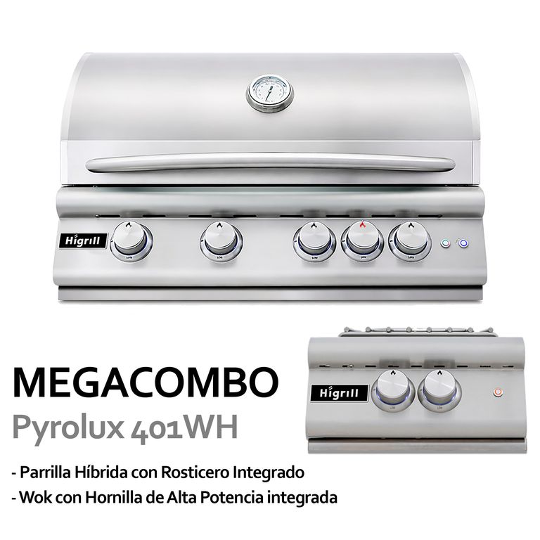 Parrilla A Gas y Carbón de 5 Quemadores + Wok Hornilla de Alta Potencia Línea de Alta Gama: Pyrolux
