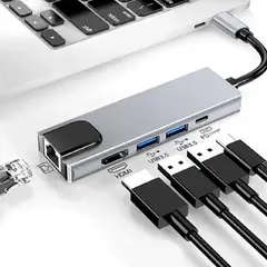 SEISA - Adaptador 5 en 1 Seisa BYL-2007 - USB-C a HDMI + USB 3.0 + PD + Ethernet RJ45