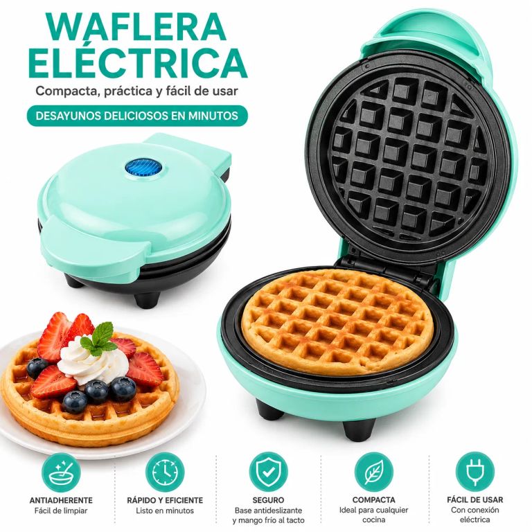 Waffle Maker Mini Eléctrica Antiadherente Compacta para Waffles Caseros 350W Verde