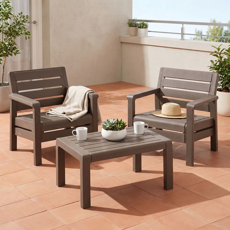 Set Mesa 2 Sillones Balcón Jardín Terraza Plásticos Diseño Madera - Marrón RIMAX