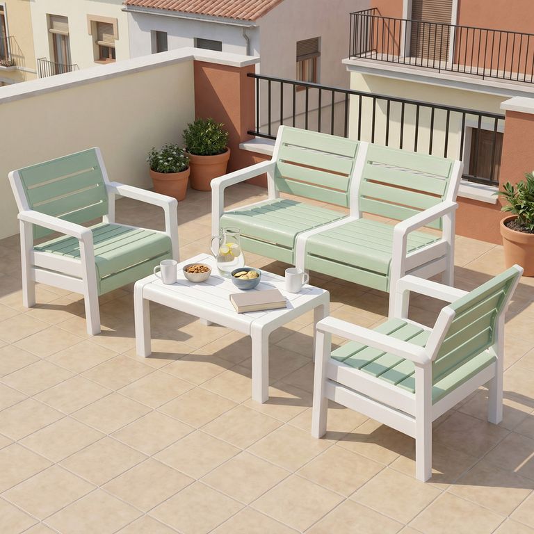 Sala Jardín 2 Sillones Mesa Sofá Doble Plástica Tipo Madera - Verde Claro RIMAX