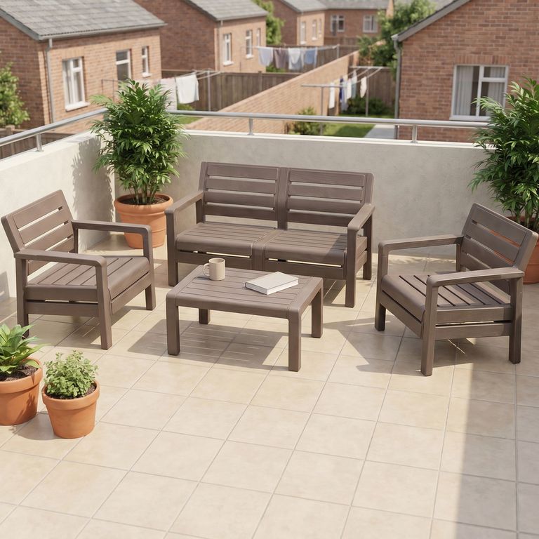 Sala Jardín 2 Sillones Mesa Sofá Doble Plástica Tipo Madera - Marrón RIMAX