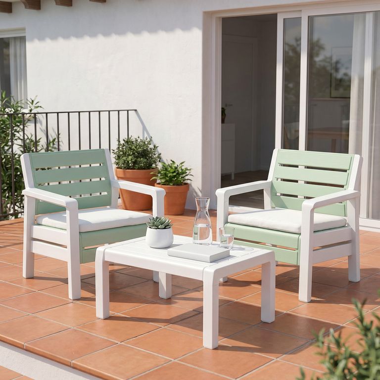 Set Balcón Jardín Terraza 2 Sillones Mesa Plásticos Diseño Madera - Verde Claro RIMAX