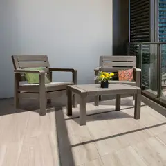 RIMAX - Juego Balcón Jardín Terraza 2 Sillones Mesa Plásticos Diseño Madera - Marrón RIMAX
