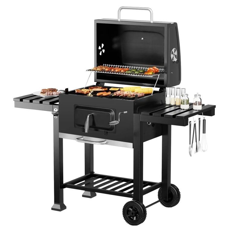 Parrilla a Carbón con Ruedas y 2 Bandejas laterales 135x47,5x106cm