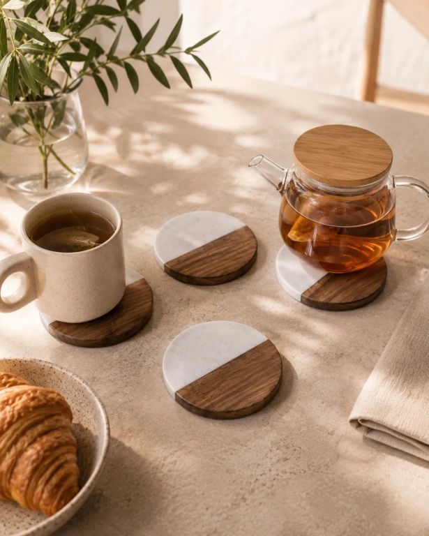 4 Posavasos Diseño tipo Mármol Blanco y Madera Natural
