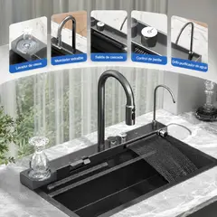 RINOX - Lavadero Multifuncional 3 Teclas 75x46 cm +Mezclador+Lavador de Vasos+Grifo agua filtrada