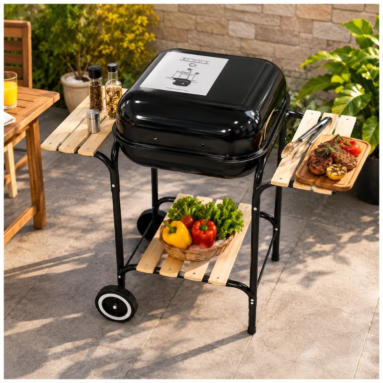 Parrilla de Carbón con Mesa Lateral de Madera