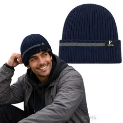 OEM - Gorro Tejido Poliéster Con Raya Decorativa Para Invierno Color Azul Marino