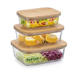 Pentha - Set 3 Táper Vidrio Borosilicato Tapa Bambú 410ml - 700ml - 1040ml