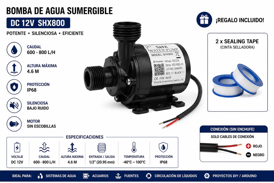 Bomba de Agua DC12V 600-800L/H 4-6M IP68 Silenciosa Motor Sin Escobillas 1/2” + 2 Sealing Tape