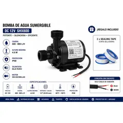 GENERICO - Bomba de Agua DC12V 600-800L/H 4-6M IP68 Silenciosa Motor Sin Escobillas 1/2” + 2 Sealing Tape