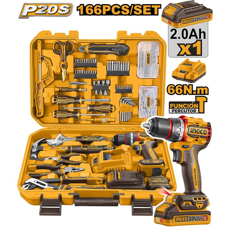 TALADRO PERCUTOR BRUSHLESS CHUCK METÁLICO INGCO 20V 66NM + 166 PIEZAS + 1 BATERÍA 2.0AH HKTHP41662