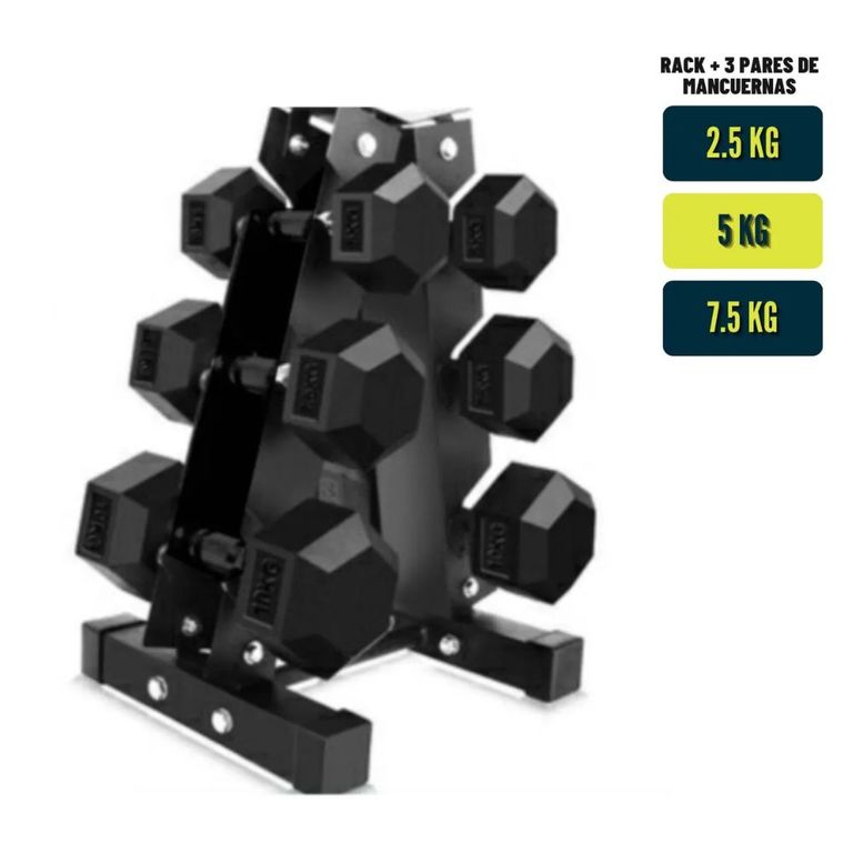 Set de Mancuernas Hexagonales + Soporte Rack de Pesas