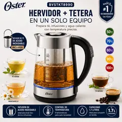 OSTER - Hervidor Oster BVSTKT8990 de Vidrio 1.7 Litros con Infusor para Té y 5 Niveles de Temperatura
