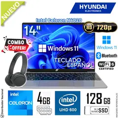 HYUNDAI - Laptop Notebook Hyundai Hybook Plus Intel Celeron N4020 4GB RAM 125GB SSD 14"  HD WIN11 HT14CC1C46SG