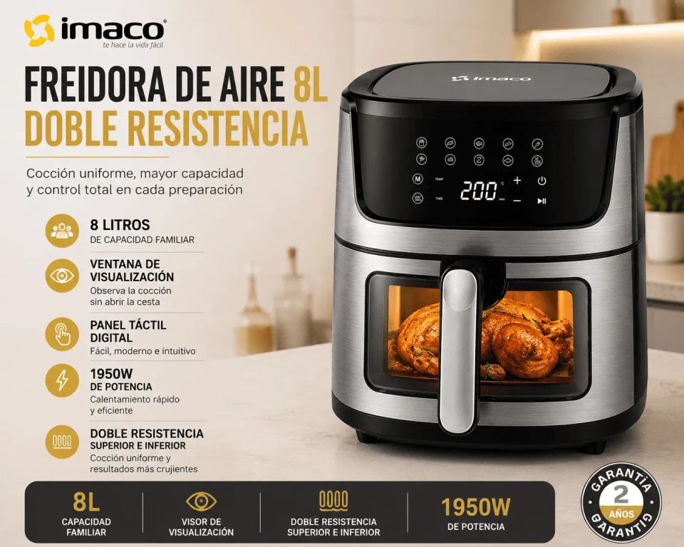 Freidora de Aire Imaco AF881540D 8L Doble Resistencia Visor Digital 1950W