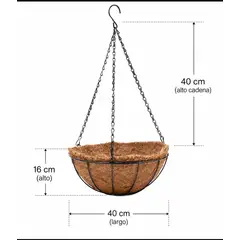 PLASTIMACETA - MACETA COLGANTE DE METAL CON FIBRA DE COCO de 40 cm.