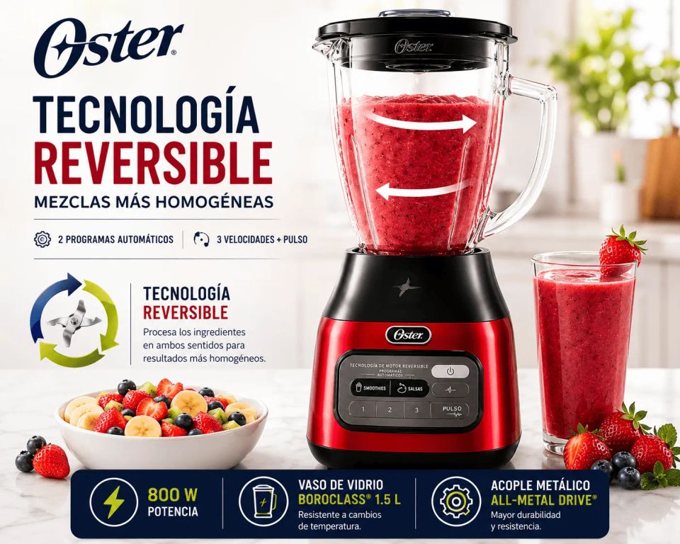 Licuadora Oster BLSTPEG CRT Tecnología Reversible 800W Vaso de Vidrio 1.5L 3 Velocidades Rojo
