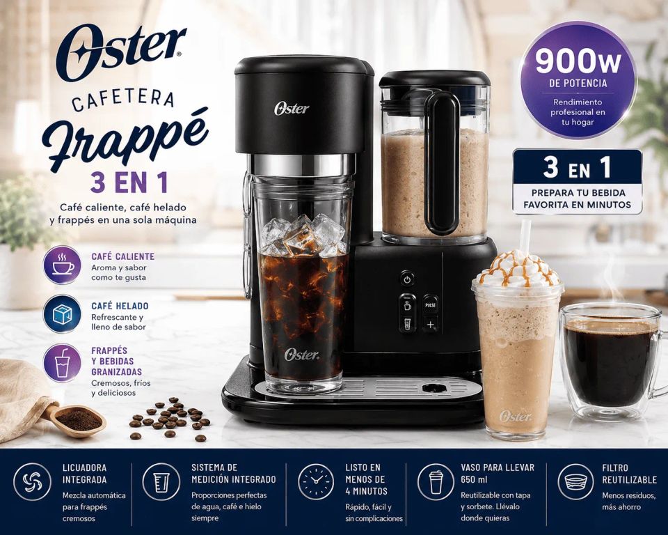 Cafetera Frappé Oster BVSTDC03B 3 en 1 Con Licuadora Integrada 900W Vaso 650ml