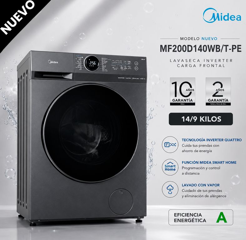 MF200D140WBT-PE - Lavaseca Inverter Carga Frontal Titanium 14Kg 9Kg Midea