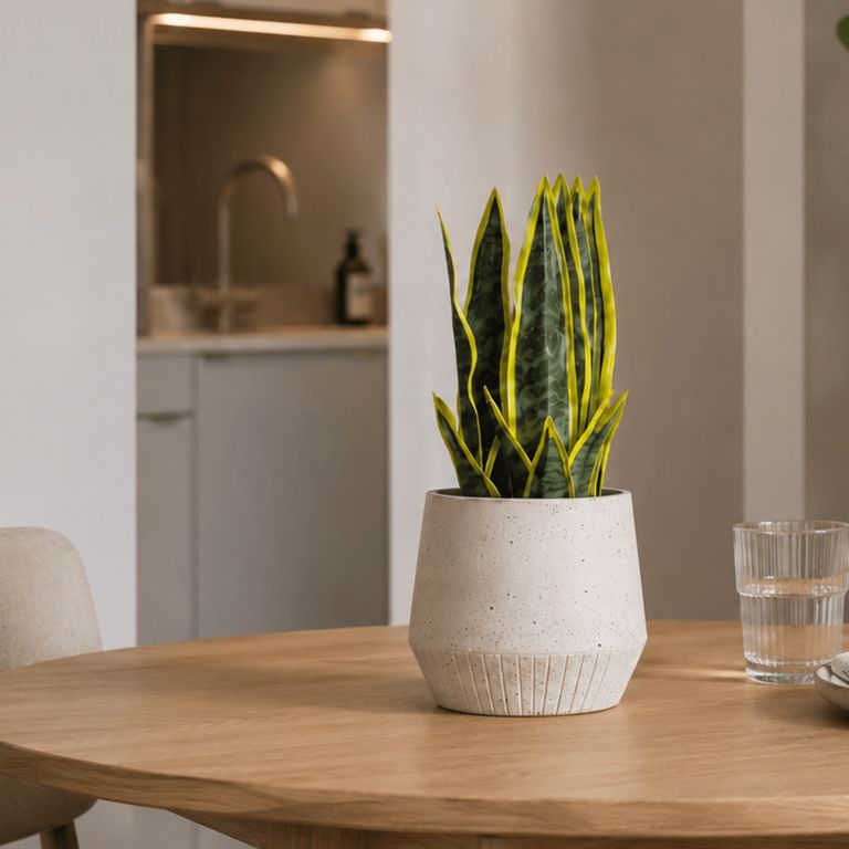 Planta artificial artesanal con macetero crema- Lengua de suegra 28 cm