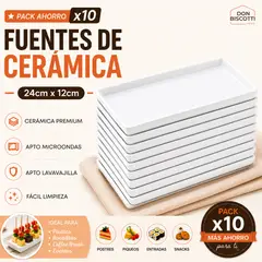 GENERICO - Fuente Rectangular Blanco de Cerámica PACK x10 - Plato Largo Azafate Bandeja Cerámica Blanca 24x12cm