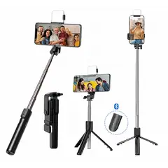 CLN TECH - Tripode palo selfie stick R1S con mando bluetooth y luz led - negro