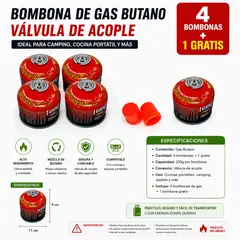 DRAGON - Pack x4 + 1 Gratis Bombonas de Gas Butano 500 ml con Válvula de Acople para Soplete y Camping