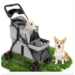 GENERICO - COCHE DOBLE PARA MASCOTAS - GRIS - PLEGABLE Y CON PORTA VASOS