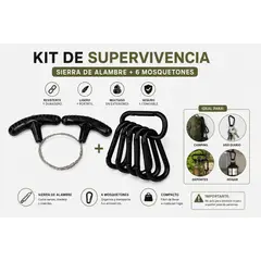 GENERICO - Kit de Supervivencia Camping: Sierra de Alambre + 6 Mosquetones Tipo D Negros